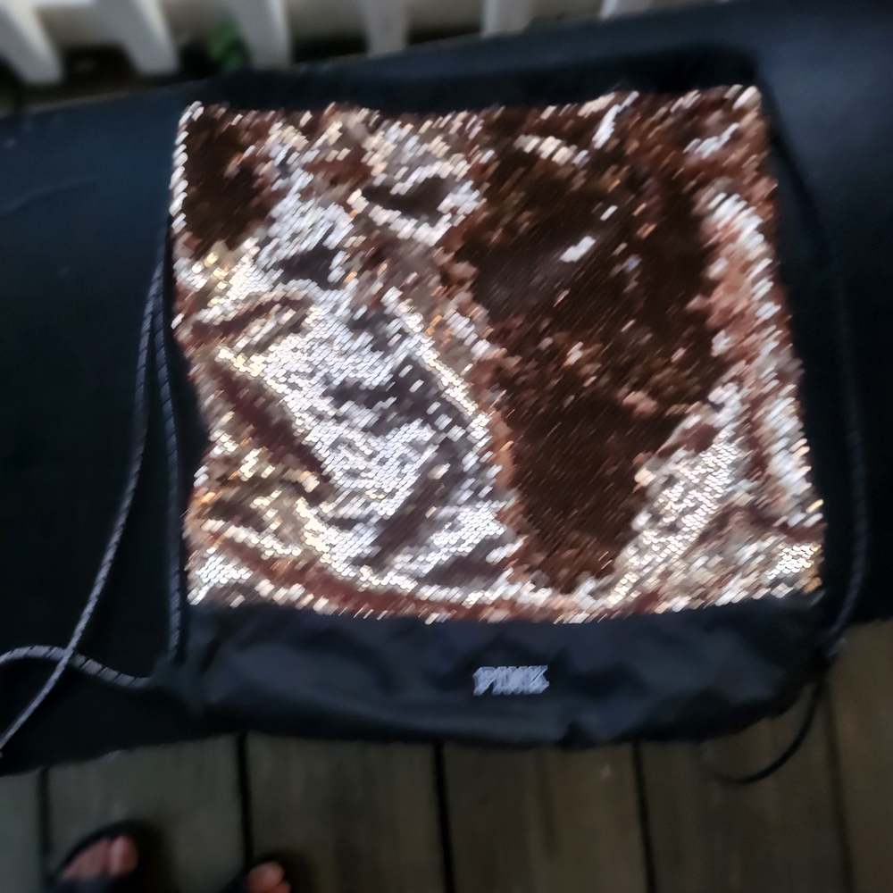 Victorias Secret Pink SEQUINS BLING Draw String Backpack Tote Gym School Bag NWT